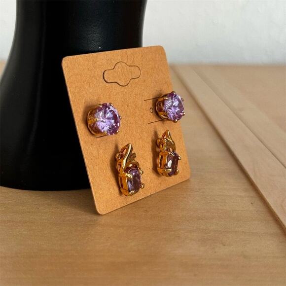 Gold Plated Lavender Zirconia Stud Earrings Anniversary Elegant Gift Set of 2 - Picture 6 of 7